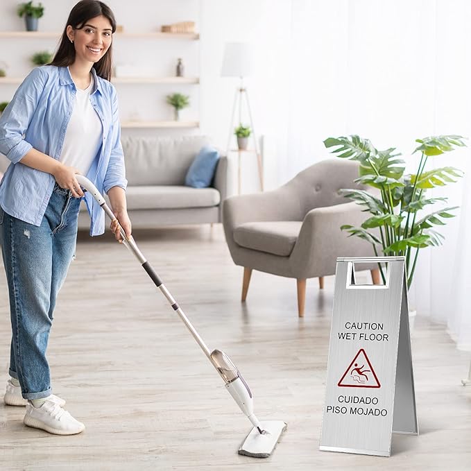 LEIFIDE 4 Pcs Stainless Steel Wet Floor Caution Sign Bulk 8.8 Pound Portable Foldable Handle Bilingual Safety Sign for Kitchen Restaurant Shop Commercial Use Avoid Fall and Slip Accident (Silver)