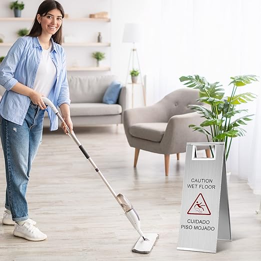 Kigley 2 Pcs Wet Floor Sign, 24 Inch Stainless Steel Caution Wet Floor Sign Double Sided Portable Foldable Bilingual Safety Warning for Hotel Market Restroom Restaurant Office (Silver)