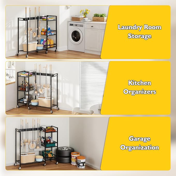 Broom Holder with Cleaning Supplies Organizer, Movable Broom Closet Storage Cabinet with Cleaning Caddy, Cleaning Cart with Mop Rack, Janitorial Housekeeping Cart on Wheels, Laundry Room Organization