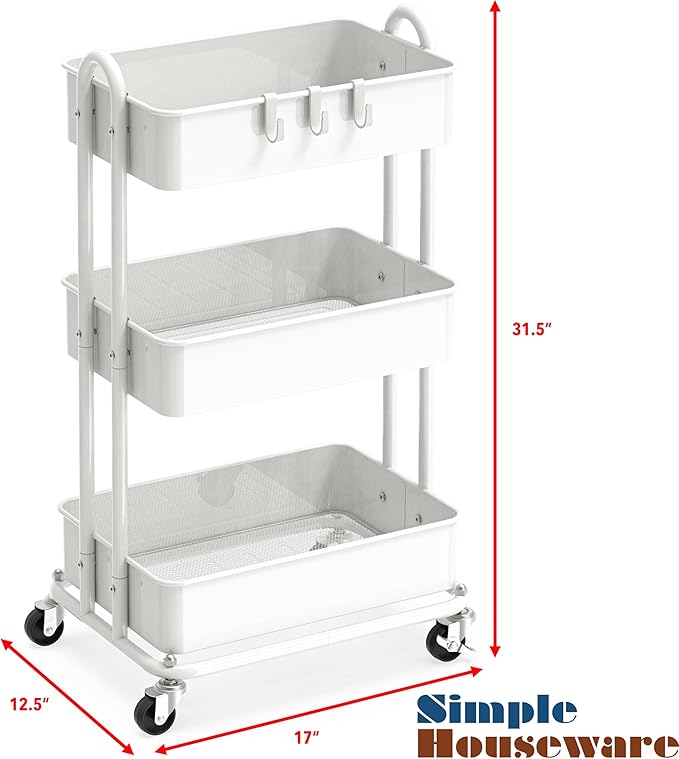 Simple Houseware 3-Tier Heavy Duty Metal Utility Rolling Cart, White