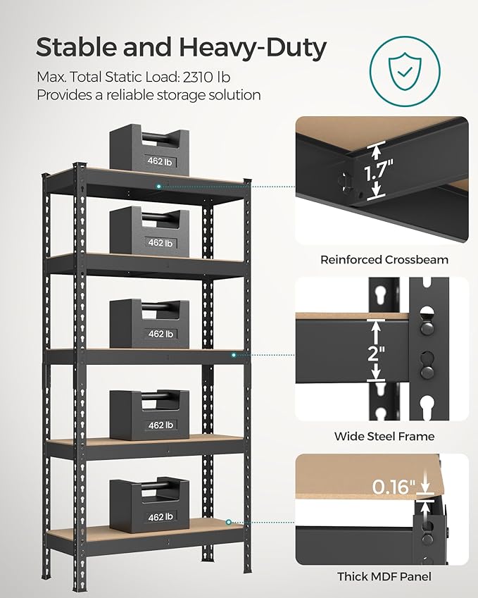 SONGMICS 5-Tier Storage Shelves, Load 2310 lb, Set of 2 Garage Storage, Boltless Assembly, Adjustable Shelving Unit, 11.8 x 29.5 x 59.1 Inches, for Study Shed Basement, Black UGLR300B02