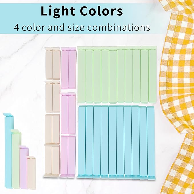 34 Packs Plastic Chip Clips for Food Storage - Resealable Sealing Clips in 4 Sizes (2.4"/3.2"/4.3"/5.5") - Light Colors