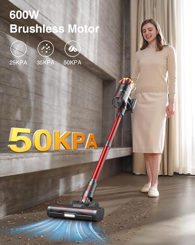 Cordless Vacuum Cleaner, 600W/50KPa/70Mins Vacuum Cleaners for Home, Self-Standing Stick Vacuum with Anti-Tangle Brush & OLED Touch Screen, Vacuum Cleaner for Hardwood Floors and Carpet,Pet Hair,Car