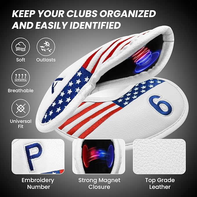 FINGER TEN Golf Club Covers for Irons Magnetic Value 11 Pack, Synthetic Leather Deluxe Head Cover Set Headcovers for Irons Fit Main Iron Clubs