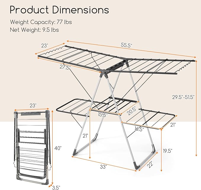 Giantex Clothes Drying Rack, Foldable Laundry Drying Rack with 33 Drying Rails, 3-Level Adjustable Height, Versatile Clips, Wave-Shaped Bars, Collapsible Freestanding Airer for Indoor Outdoor