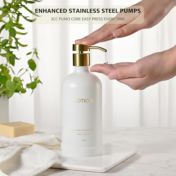 Glass Soap Dispenser Set by Janxin,Bathroom Soap Dispenser Set with Ceramic Tray,Luxury Bathroom Accessories,Modern Kitchen Decor (White+Gold(Lotion))