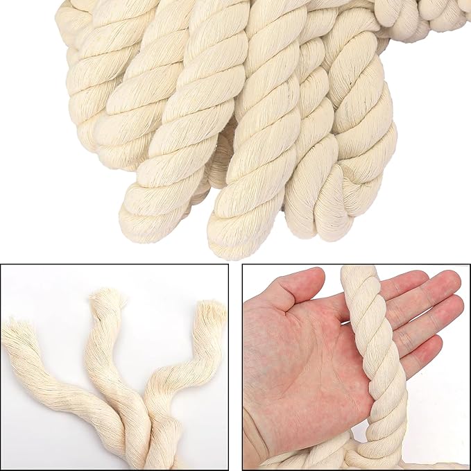 20mm Diameter Natural Twisted Cotton Rope, 49 Feet Length Premium Adult Strength Cotton Rope, Soft, Triple-Strand Rope for Nautical Crafts and Home Decoration