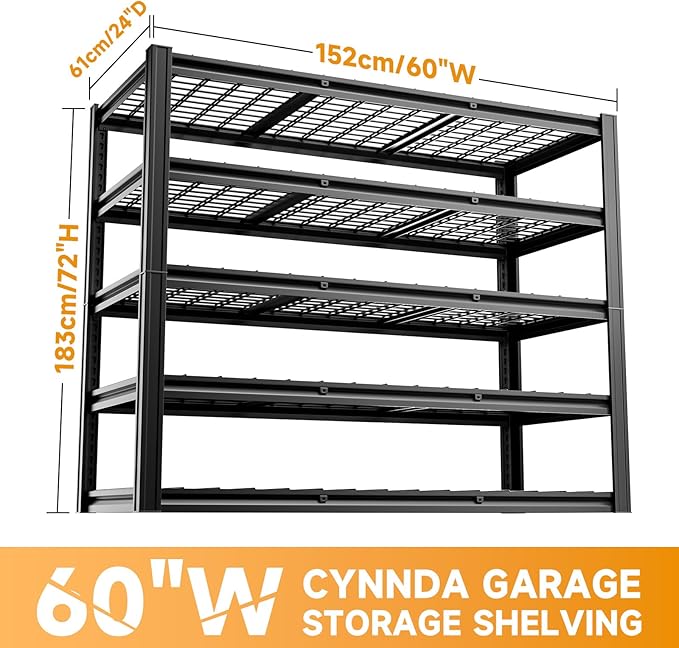 5-Tier 60”W x 24”D x 72”H Garage Shelving Storage Shelves 3000LBS Heavy Duty Metal Shelf Adjustable Rack Units Suitable for Garage Basement Warehouse Utility Shelves (Black)