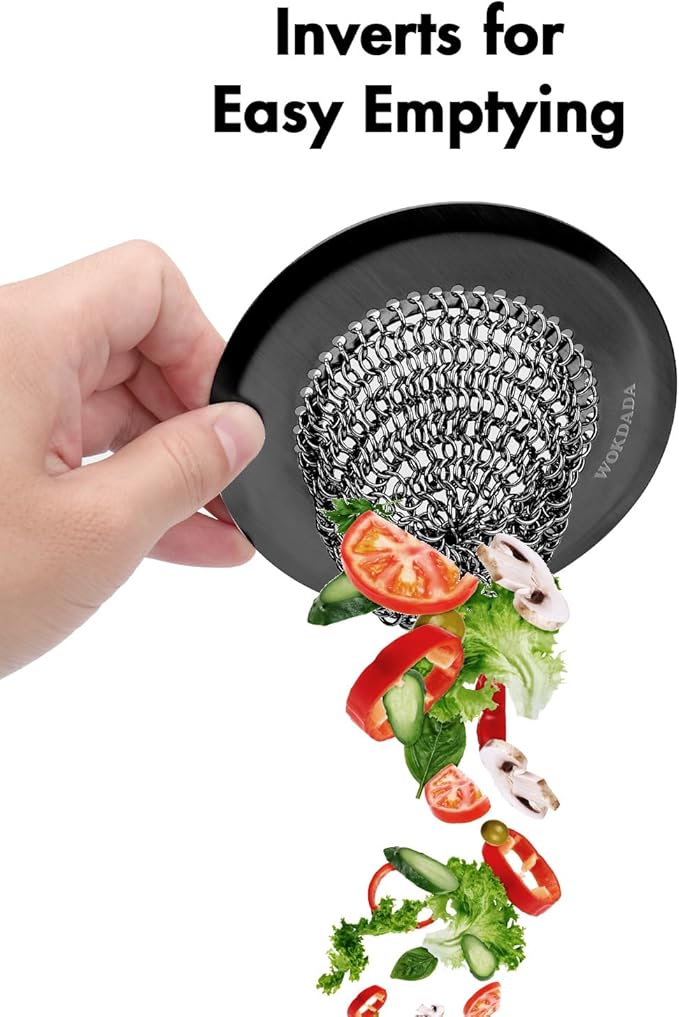 Sink Drain Strainer (Black): Flexible Anti-Slip Chainlink, 304 Stainless Steel. Upgraded Clog-Free, Easy-Clean Catcher for Kitchen Garbage Disposal