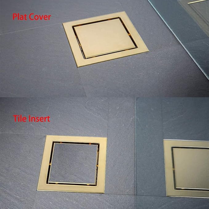 RANDOM Brushed Gold Shower Drain Square with Adjustable Base Flange,SUS304 Stainless Steel 6 inch Floor Drain Kit with Tile Insert Flat Shower Drain Cover & Threaded Adapter.98728BG-S