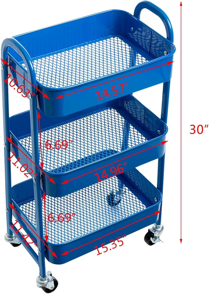 AGTEK Makeup Cart, Movable Rolling Organizer Cart,3 Tier Metal Utility Cart, Aristocratic Blue