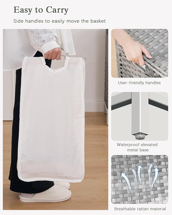 Laundry Hamper with Lid 132 L, (35 Gallons) Clothes Hamper with Lid, Handwoven Rattan Laundry Hamper with Metal Heightened Feet, Laundry Hampers with 3 Removable Liner Bags for Laundry-Gray