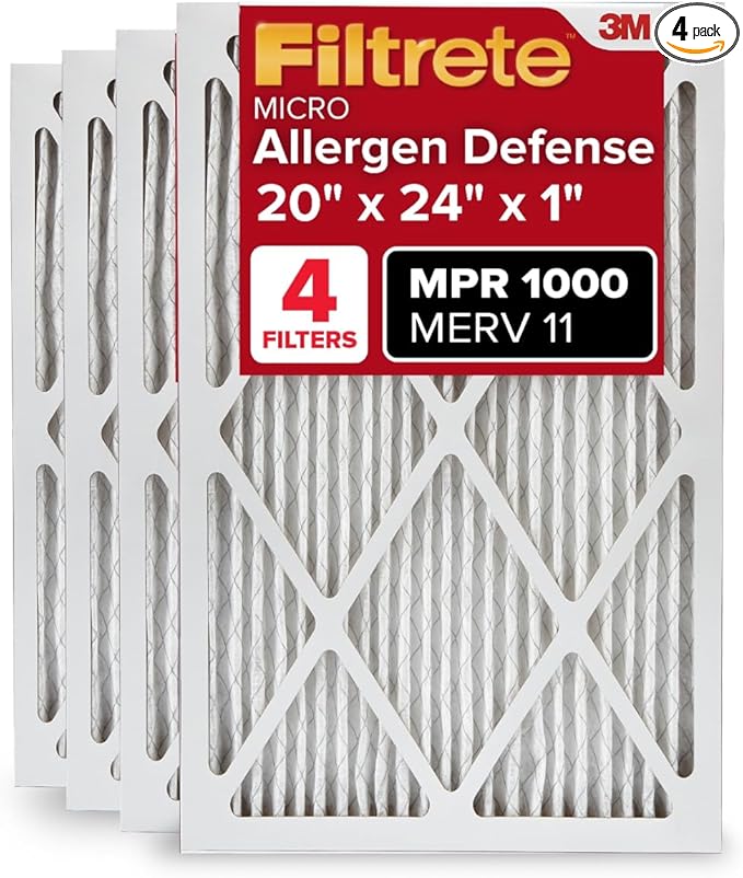 Filtrete 20x24x1 AC Furnace Air Filter, MERV 11, MPR 1000, Micro Allergen Defense, 3-Month Pleated 1-Inch Electrostatic Air Cleaning Filter, 4 Pack (Actual Size 19.81x23.81x0.81 in)