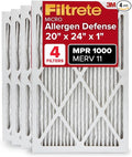 Filtrete 20x24x1 AC Furnace Air Filter, MERV 11, MPR 1000, Micro Allergen Defense, 3-Month Pleated 1-Inch Electrostatic Air Cleaning Filter, 4 Pack (Actual Size 19.81x23.81x0.81 in)