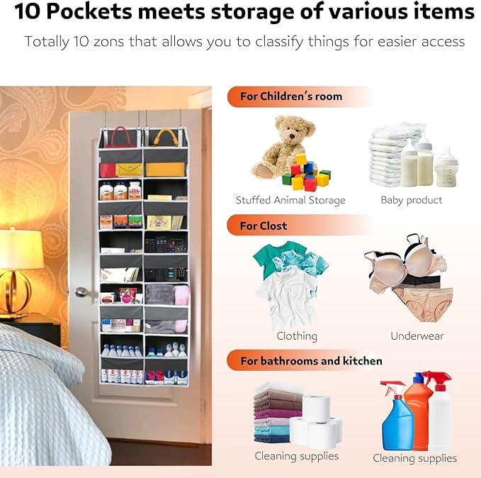 Over the Door Organizer 5 Tiers, Extra Large Behind Door Storage of 10 Compartments, 80 lbs Weight Capacity Over Door Organizer, Door Hanging Organizer for Closet, Diaper Organizer, Room storage