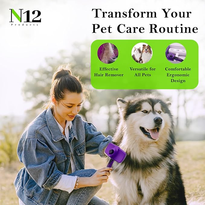 N12 Cat, Dog Hair Remover/Lint Roller and Grooming Hair Bush Combo – Pet Fur Remover for Couch, Furniture, Carpet, Car Seat & Self-Cleaning Slicker Grooming Brush with Long Pins for Shedding