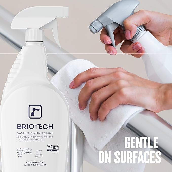 BRIOTECH Sanitizer Disinfectant Hypochlorous, Kill 99.99% of Viruses & Bacteria, Control Mold, Eliminate Odor, Gentle for Nursery & Play Rooms, Food Contact Surface Sanitizer, 1 Gallon Refill (2 Pack)