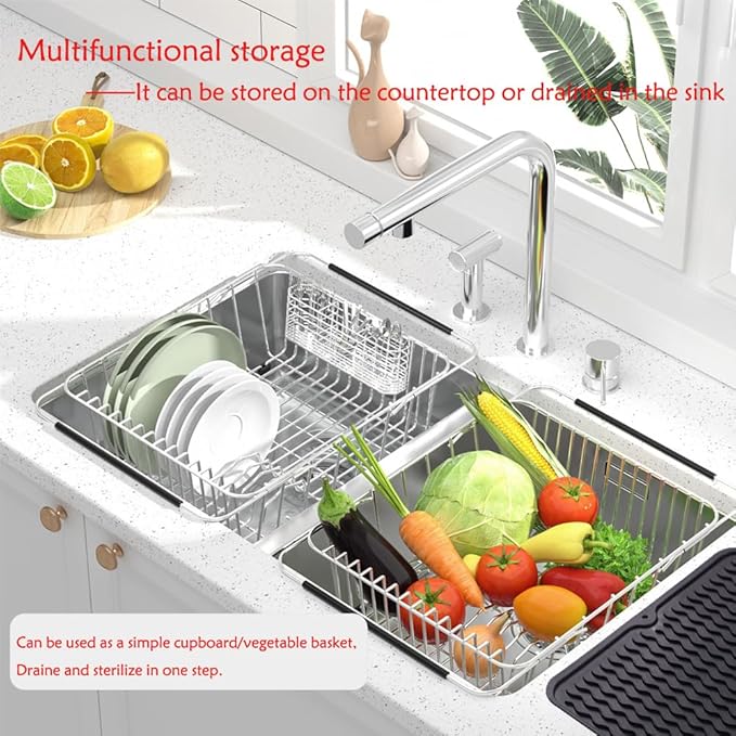 Stainless Steel Dish Drying Rack(15.2"L X 13"W X 5.8"H), Expandable Fruit & Vegetable Drain Rack over Sink, Dish Drainer Rack in Sink, with Stainless Steel Utensil Holder & Silicone Mat(16")