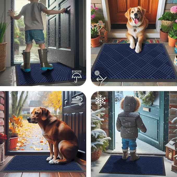 Smiry Front Door Mat Outside Entrance, Heavy Duty Outdoor Indoor Natural Rubber Doormat, Non Slip, Trap Dirt and Moisture, Easy Clean, Low Profile Patio Porch Entryway Mat, 47x23, Navy Blue