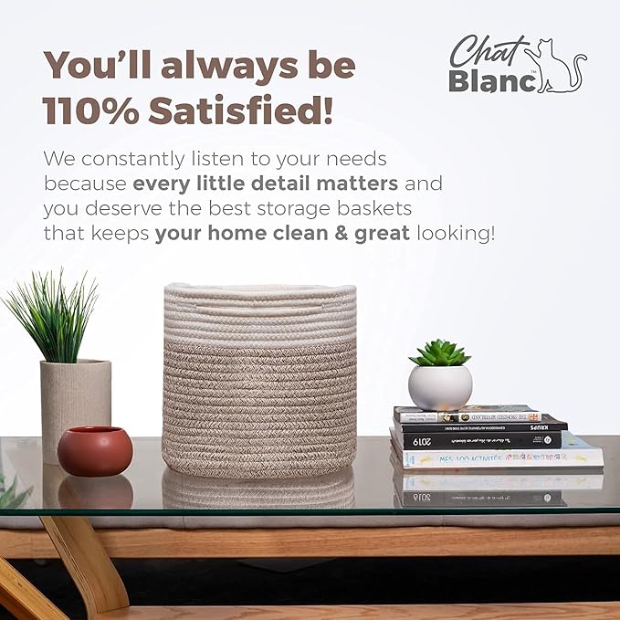 CHAT BLANC Cotton Rope Baskets for Organizing | 15”x10”x9” Storage Baskets for Shelves | Small Laundry Woven Baskets for Storage, Dog Toy Bin, Baby Basket,Off White&Brown 3 Pack
