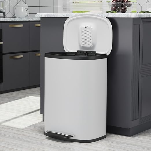 13 Gallon Stainless Steel Foot Pedal Large Trash Can with Soft Close Quiet Curved Surface Top Lid and Deodorant Storage Space, with 30 Garbage Bags for Kitchen/Home/Office Trash can and More - White