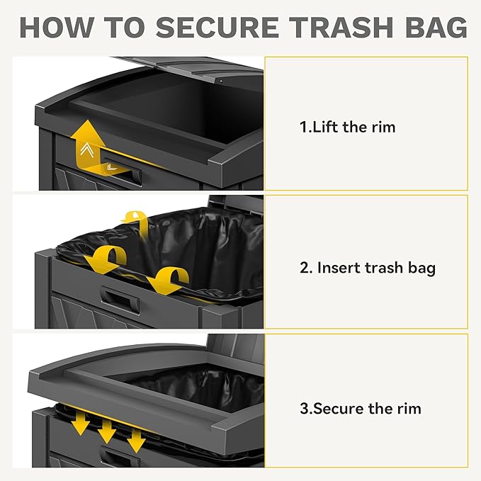 DWVO 36-Gallon Outdoor Trash Can with Fabric Bag, Tiered Lid & Drip Tray, Waterproof Resin Garbage Bin for Patio, Deck, and Backyard, Black