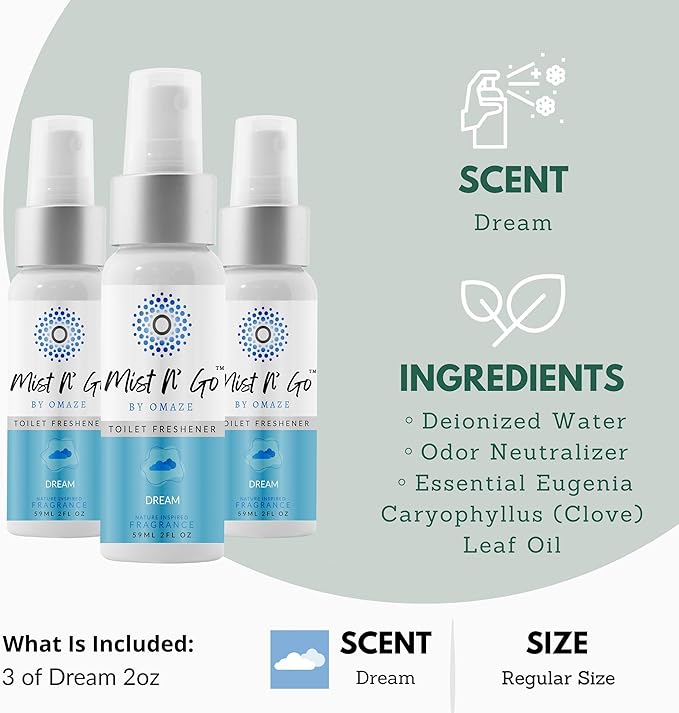 Mist N’ Go by Omaze Travel Bathroom Spray for Toilet Spray Odor Eliminator - Travel Toilet Spray for Bathroom Air Freshener Spray for Bathroom Deodorizer - Dream Regular Size (2oz x3)