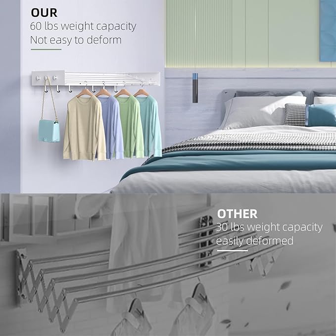 Drying Rack Clothing,Clothes Drying Rack Wall Mounted,Laundry Drying Rack Wall Mount,Foldable,Collapsible,60 lb Capacity 5 Aluminium Poles with 12 Hooks,Space Saving Clothes Drying Rack,White 31.5"