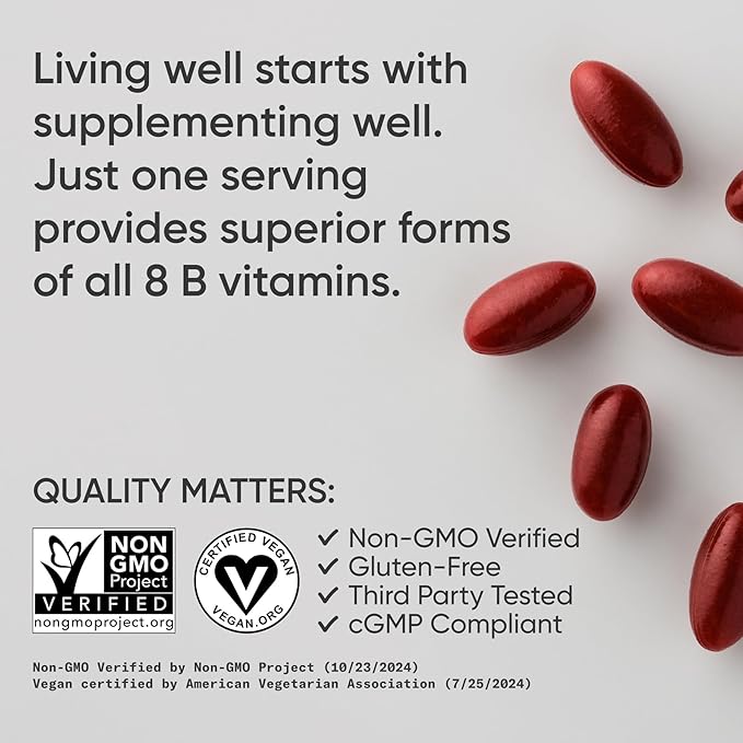 Sports Research® Vitamin B-Complex - Full Spectrum of B Vitamins with Methylated B12 & Folate - Gluten Free · Plant-Based · Non-GMO · Vegan-Friendly Formula - 60 Veggie Softgels