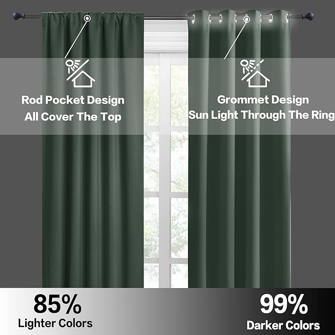 RYB HOME Room Darkening Curtains 84 inches Length 2 Panels Set, Privacy Assured Blackout Window Covers Thermal Insulated Rod Pocket Drapes for Living Room, 42 x 84 inch, Dark Green