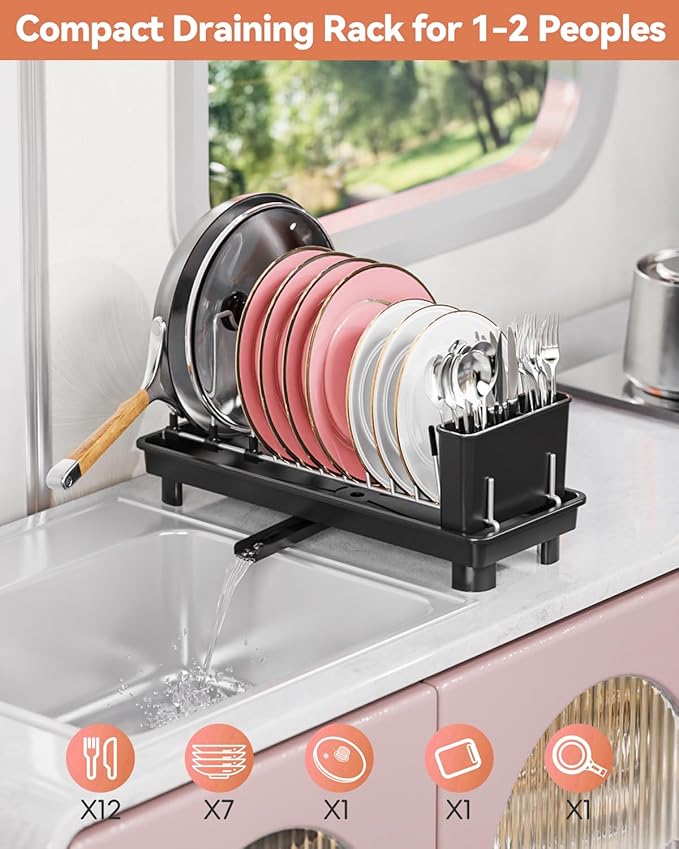 Small Dish Drying Rack, Compact Dish Rack for Kitchen Counter with Removable Cutlery Holder, Multifunctional Stainless Steel Dish Drainer, Space Saving