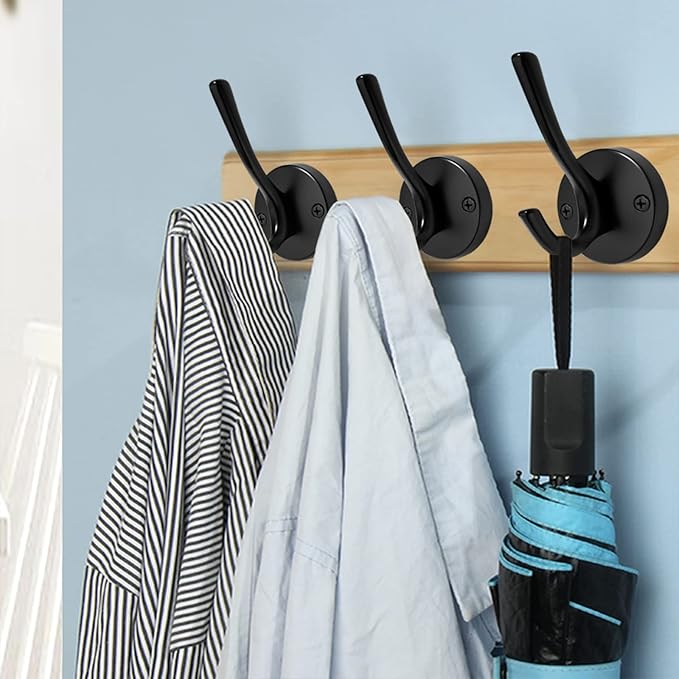 Matte Black Wall Hooks, 4 Pack Heavy Duty Coat Towel Hook Metal Double Backpack Hook Wall Mounted, Bath Towel Hooks for Entryway Cubicle Bathroom Closet Garage
