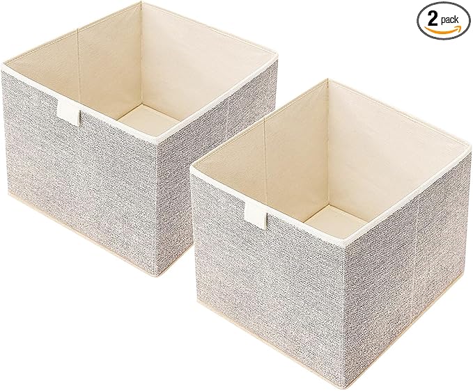 Storage Baskets, 11.8-Inch Woven Fabric Bins, Storage Cubes with Reinforced Handles, Organizer Bins for Closet Shelves, Foldable, for Toys, Clothes, Natural Beige (2PCS/Beige-11.8*11.8*11.8inch)