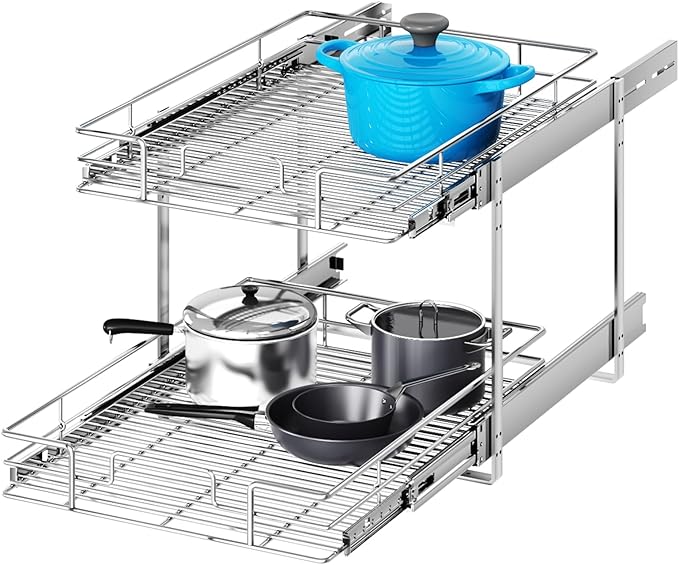 2 Tier Individual Pull Out Cabinet Organizer 22½" W x 21½" D, Heavy Duty Cabinet Pull Out Shelves, Slide Out Drawers Organization for Kitchen Cabinets Bathroom