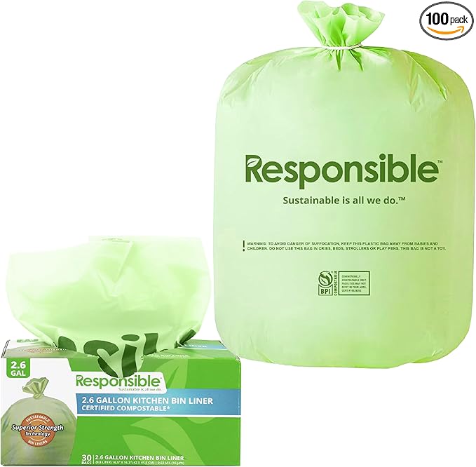 Responsible Products Kitchen Bin Liners, Certified Compostable, Heavy Duty Multipurpose Food Scrap Bags, Made from Compostable Materials (2.6 Gallon Flat Top, 2.6 Gallon (30 Count))