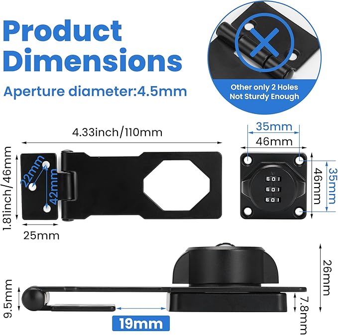 Keyless Cabinet Lock with Combination Code - 3-Digit Password Hasp Latch Lock for Drawers, Bifold Closet Door and Double Sided Door (Black, 4.5 Inch, 2 Pack)