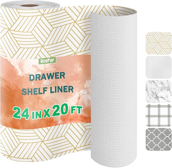 OcePor Non-Adhesive Drawer and Shelf Liner 24IN x 20FT，Non-Slip Kitchen Cabinet Liner Non-Adhesive Thick Strong Grip Waterproof Washable