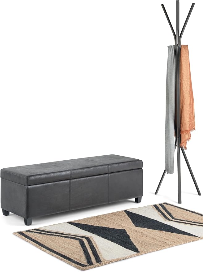 SIMPLIHOME Avalon 48 inch Wide Contemporary Rectangle Storage Ottoman Bench in Distressed Black Distressed Vegan Faux Leather, Assembled, For the Living Room, Entryway and Family Room