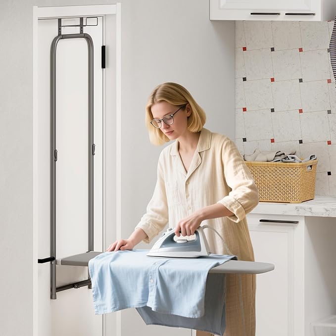 COSTWAY Over The Door Ironing Board, Space-Saving Metal Hanging Ironing Board with Iron Holder & Cotton Cover, Compact Fold Down Iron Stand for Home, Apartment, Laundry Room, Dorm, Gray