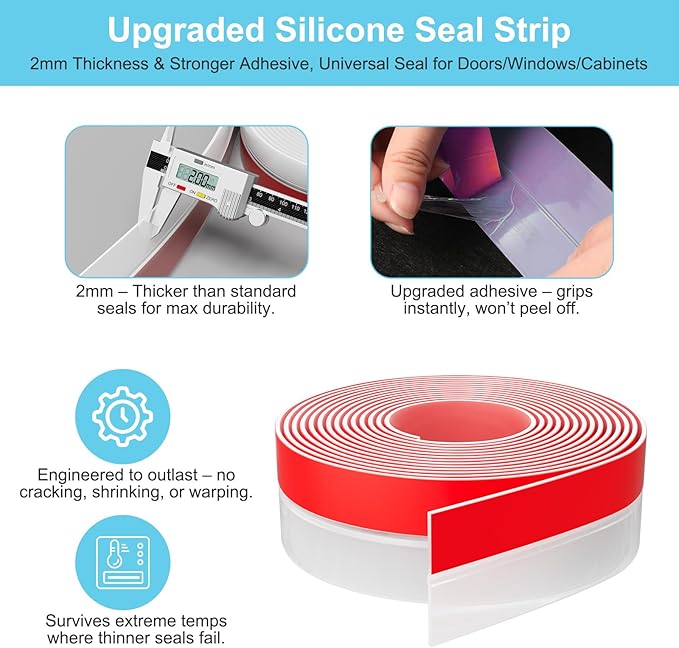 Heavy-Duty 20 ft x 2 in Weather Stripping, Extra Thick 2mm Door Draft Stopper Silicone Seal Strip for House and Glass Shower Doors for Collision and Side Gaps of Door and Windows, Clear