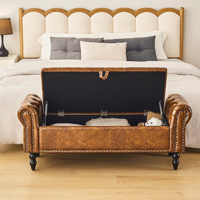 Furnimart Storage Bedroom Bench for End of Bed, Faux Leather Upholstered Storage Ottoman with Rolled Arms for Bedroom,Living Room, Entryway, 2.5Cubic Feet