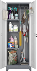 Broom Closet, Metal Storage Cabinet with Hanging Rod, 65" Broom Tool Organizer, Metal Cabinet with Doors and Shelves, Tall Cleaning Storage for Home, Office, Garage, Balcony