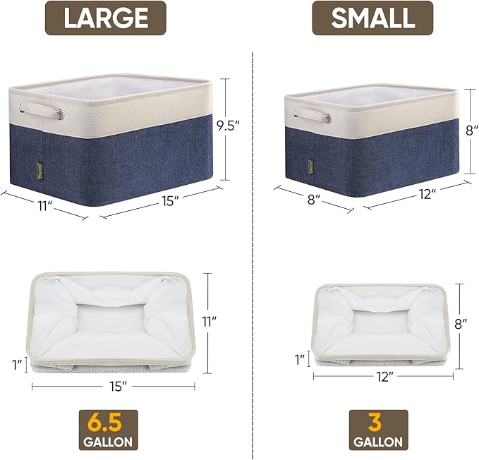 BALEINE 4 Pack Fabric Storage Bins for Shelves, Linen Storage Baskets for Organizing, Decorative Closet Bins for Clothes, Home (Navy Blue, 12"x8"x8")
