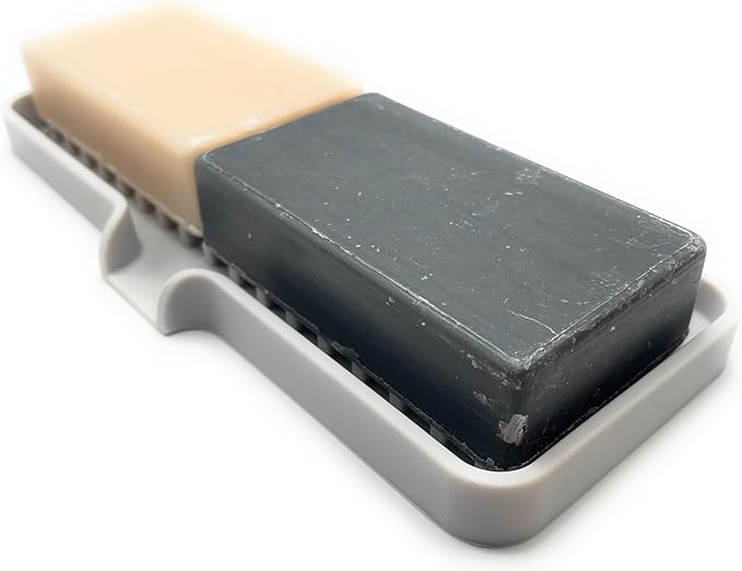 Happitasa Silicone Soap Dish Tray and Sponge Holder with Drain Chute | Bathroom and Kitchen Sink Organizer Caddy (Light Grey, 9"x3.5", 5.6 Ounces)