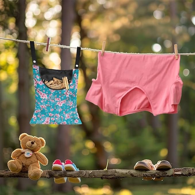 Cherry Blossom Clothespin Pouch Clothespin Bag with Hanging Hook Waterproof Clothes Pin Hanging Bag Space-Saving Clothespin Storage Organize Clothespin Bag for Clothesline Outdoor, 1 Pack