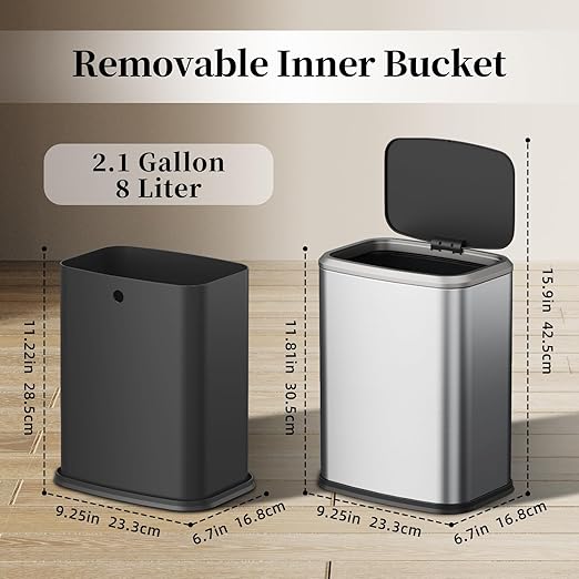 2.1 Gallon Bathroom Trash Can with Lid Press Top, 8 Liter Stainless Steel Garbage Can with Press Type Lid, Slim Trash Bin Waste Basket for Toilet, Office, Bedroom, Living Room (Silver)