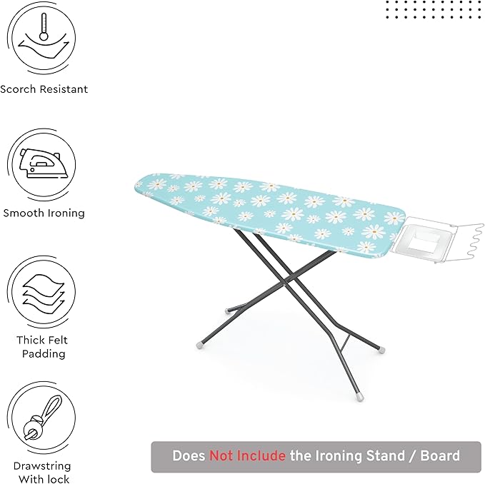 Encasa XO Ironing Board Cover and Pad 49"x18" - Thick 3mm Felt Padding, Drawstring Tightening & Lock, Easy Fit, Scorch & Stain Resistant, Fits Wide Ironing Board - Daisy Blue