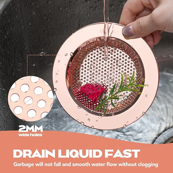 Retisee 2 Pcs Sink Strainer Stainless Steel Kitchen Sink Drain Strainer Basket Cover Mesh Hair Food Catcher, Large Wide Rim of 4.4 Diameter(Rose Gold)