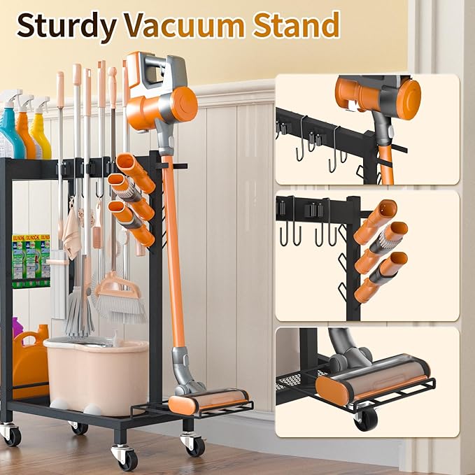 Cleaning Supplies Organizer with Broom Holder Load 350 LBS Cleaning Cart with Wheels Broom Closet Storage with 3-Tier Shelves, 6 Mop Hanger Grippers, 3 Double-Hooks, Vacuum Stand for Laundry Garage