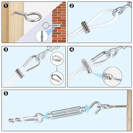 Turnbuckles for Cables Wire, 1/8" X 100Ft White PVC Coated Wire Rope Kit, Multi-use Steel Cable for Grape Vines/Clothes Line Outdoors for T Post/String Light Hanging/Garden Wire